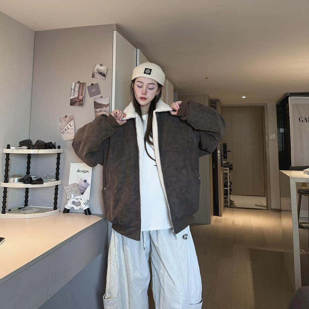 原版-冬季美拉德毛领雾面PU皮棉服加绒加厚保暖百搭情侣棉服