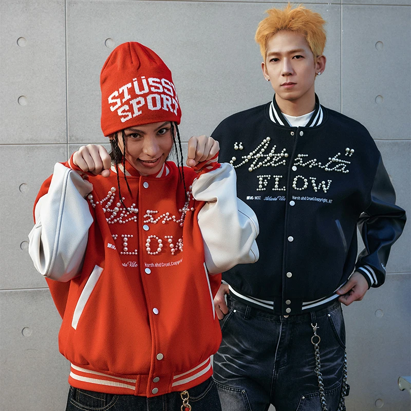 HACR美式复古珍珠街头潮牌棒球服外套重磅情侣宽松夹克