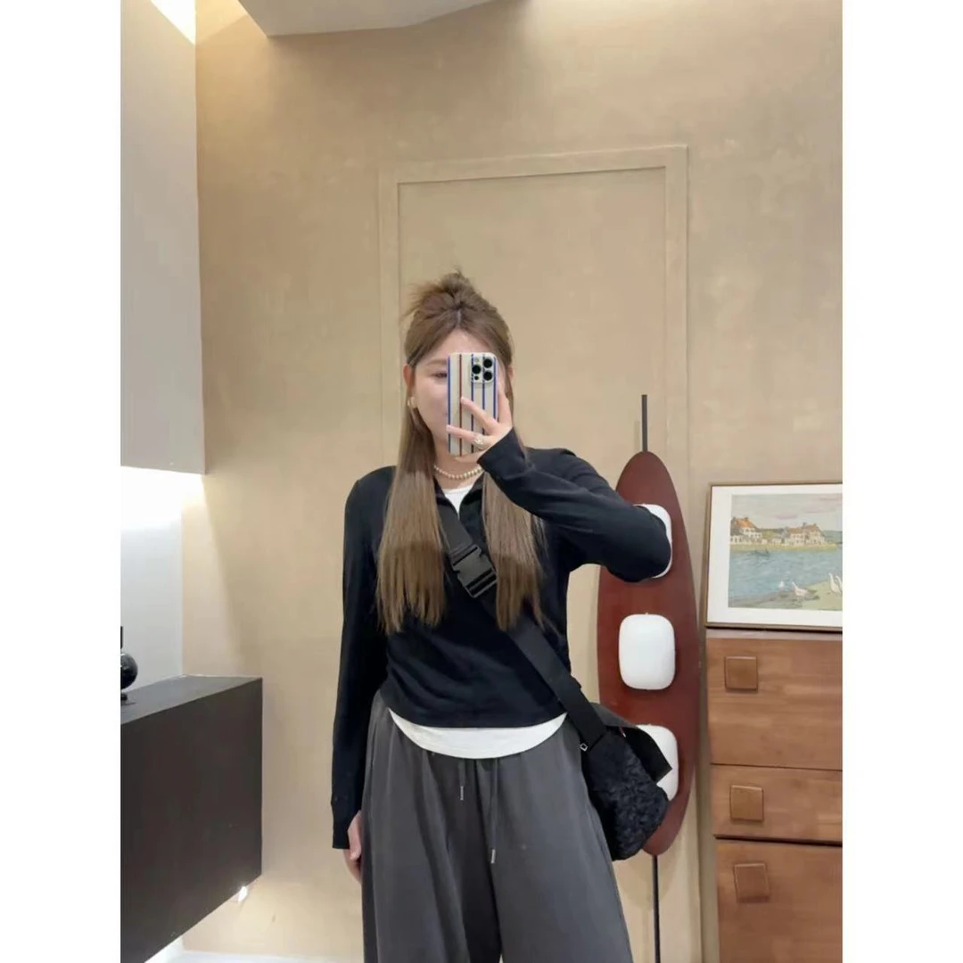 晶咕【半身腰精】假两件弧形下摆长袖小衫时尚百搭显瘦短款