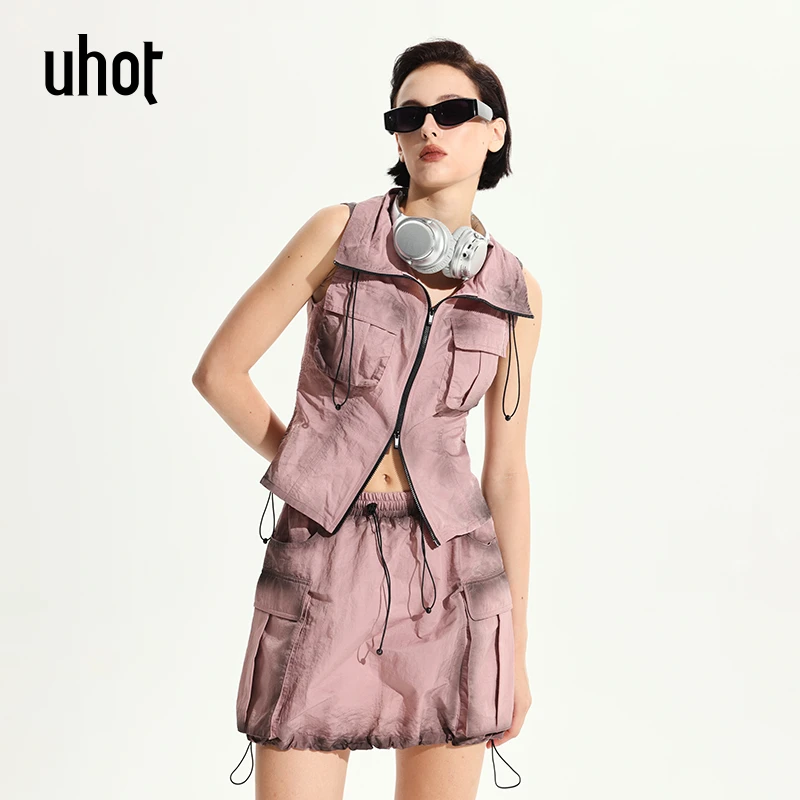 UHOT 玫瑰粉短款无袖工装抽绳拉链背心马甲上衣夏季新款UWWR6N479