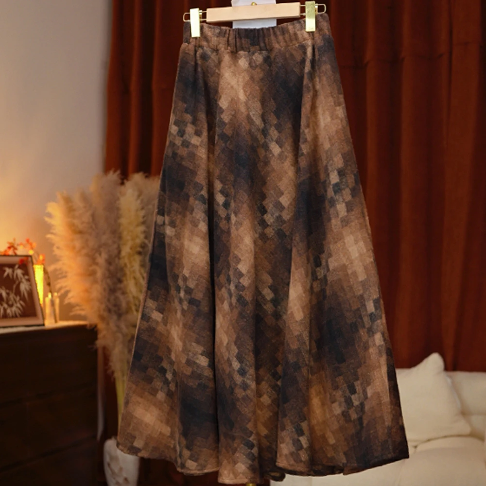 【1005】菲菲2025新款秋冬百搭气质A字格纹复古半身裙高腰D8327