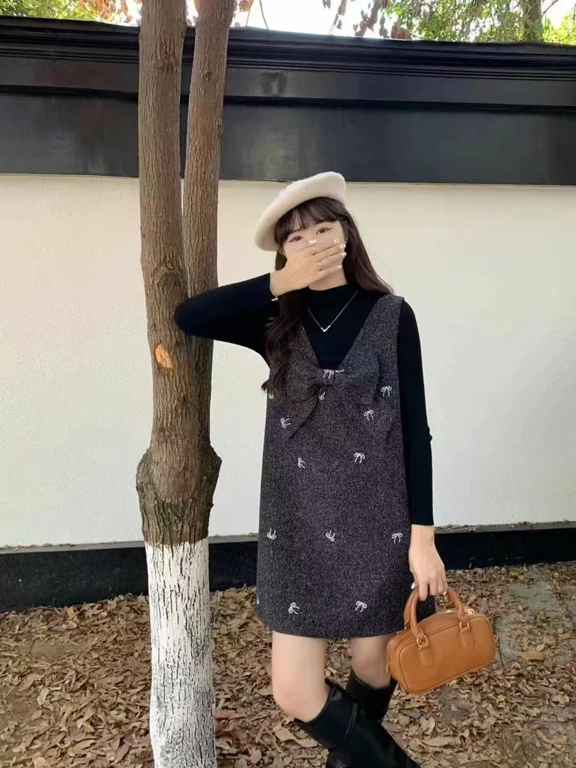 秋冬女装法式超好看背心连衣裙女新款蝴蝶结小众不撞款显瘦裙子