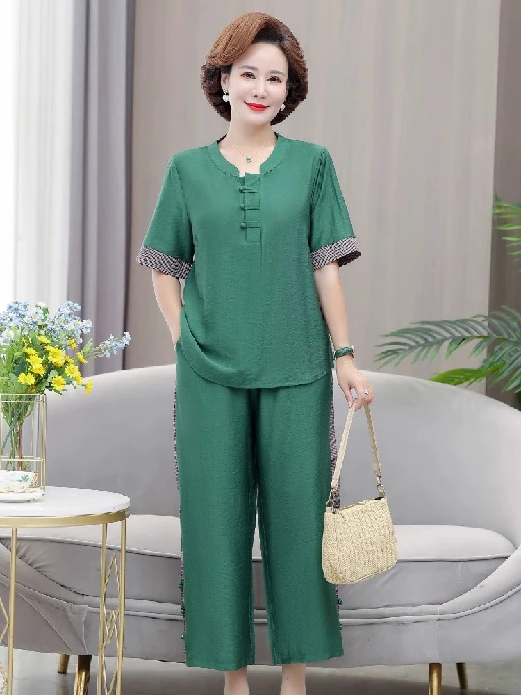 夏季新款中年妈妈复古宽松大码女装时尚穿搭短袖上衣九分裤两件套
