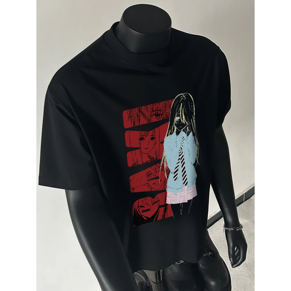 100%纯棉320克重磅美式休闲百搭夏季宽松印花ins圆领情侣半袖复古