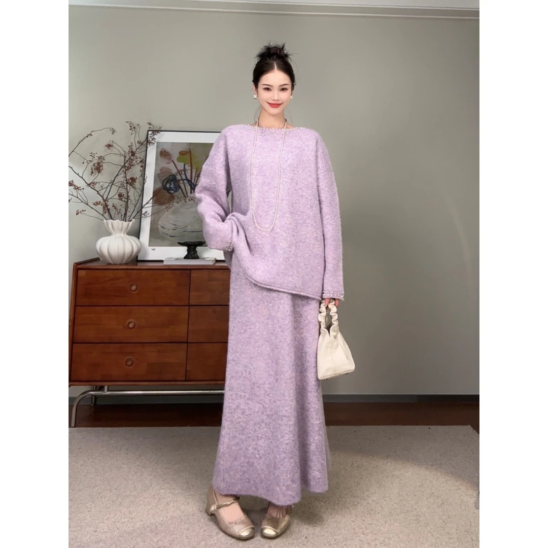 春秋新款显瘦法式重工上衣气质轻奢休闲风网红圆领时尚套装针织女