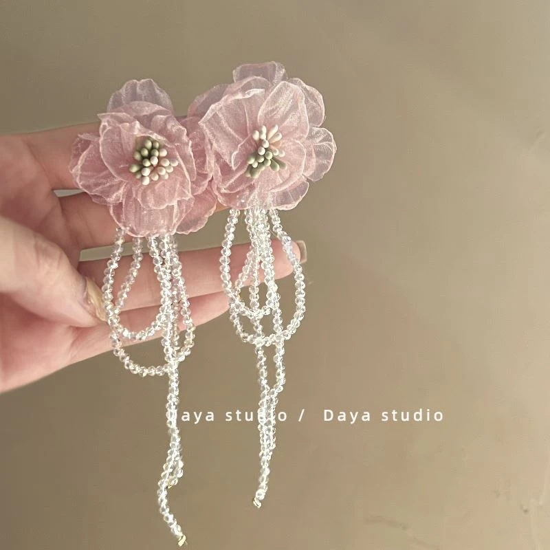 花粉~复古花朵水晶流苏耳环 感仙气质设计ins度假风夸张耳饰