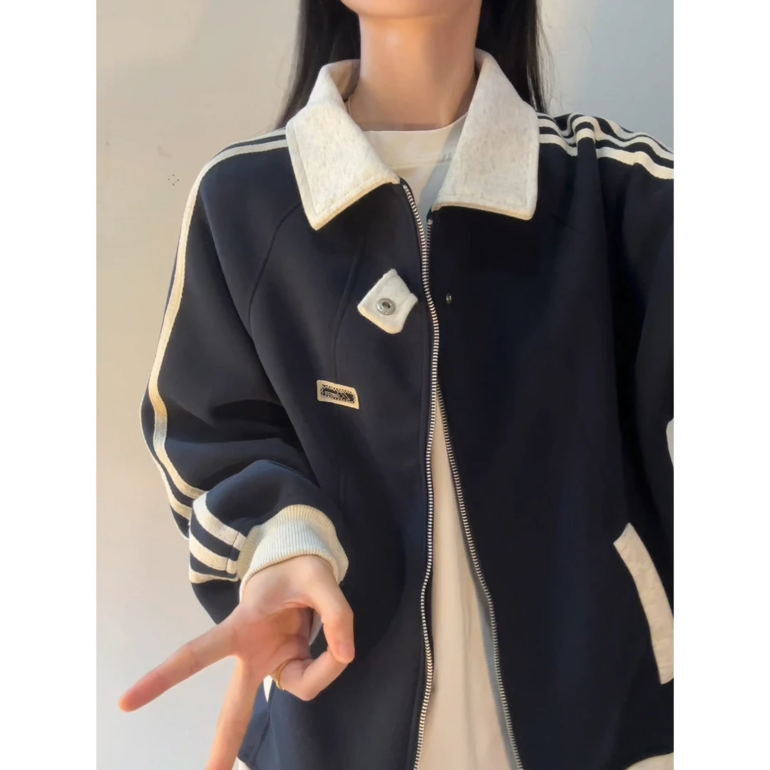 美式条纹卫衣外套男女秋季高街痞帅撞色拼接棒球服学院风立领夹克