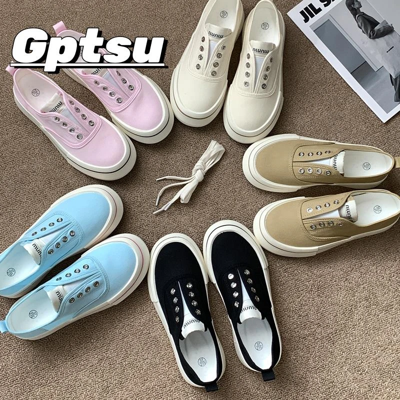 GPTSu厚底一脚蹬帆布鞋女夏季薄款松紧带小白鞋百搭休闲潮流板鞋