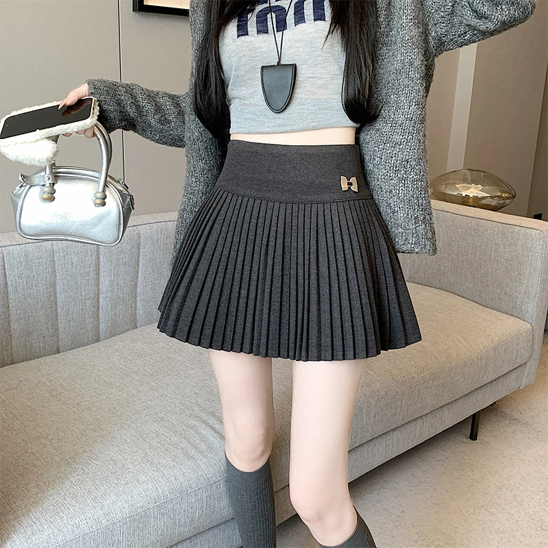灰色毛呢百褶半身裙女秋冬季2025新款小个子高腰热辣短裙a字裙子