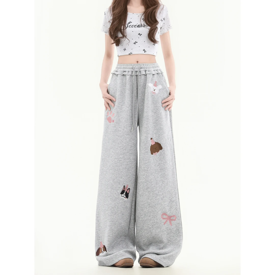 cuwu可爱小狗刺绣灰色抽绳卫裤女春季新款宽松运动休闲裤阔腿裤子