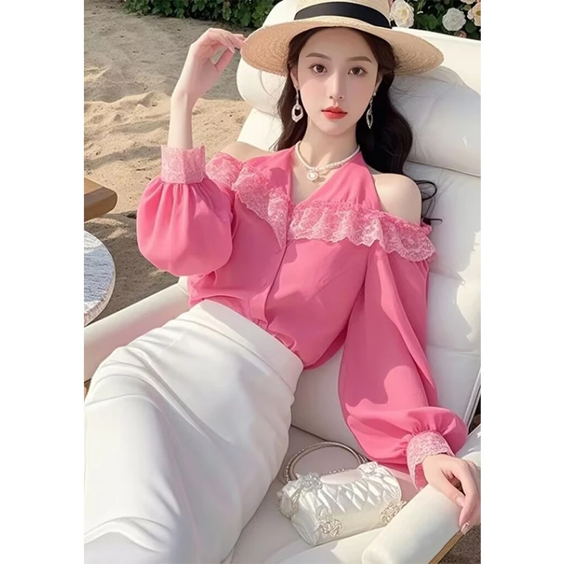 纯欲性感法式蕾丝挂脖v领长袖衬衫女春季2025新款漂亮露肩上衣服