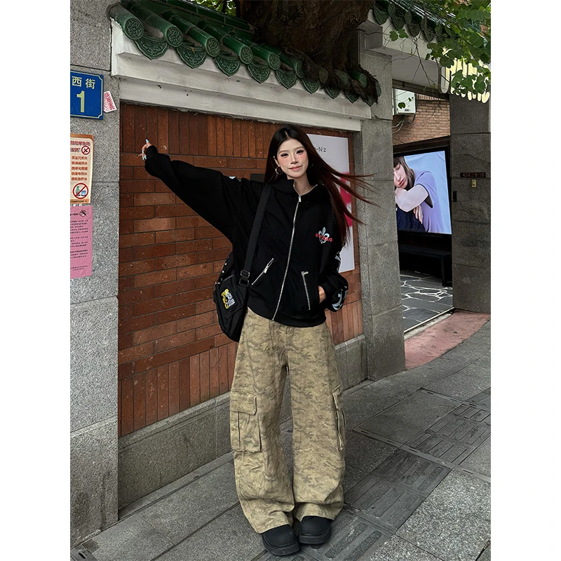 克林菲美式复古朋克风连帽卫衣外套女秋慵懒短款长袖拉链开衫上衣