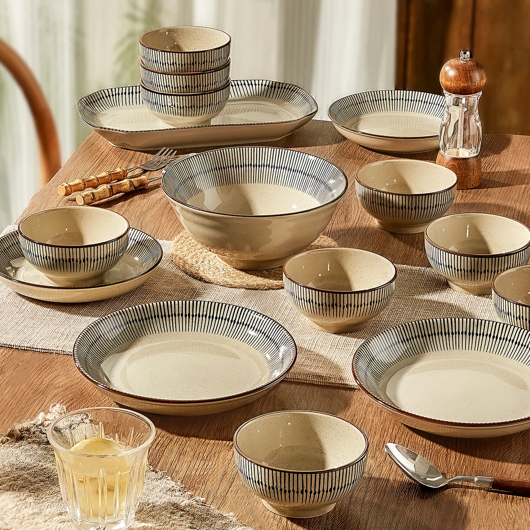 蓝雨79件复古碗碟套组家用碗盘清新餐具高颜值乔迁陶瓷竖纹