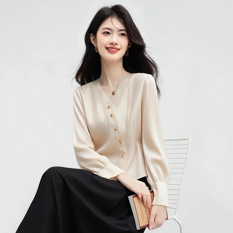 v领长袖雪纺衬衫女秋装2025年秋季新款气质宽松显瘦女士衬衣上衣