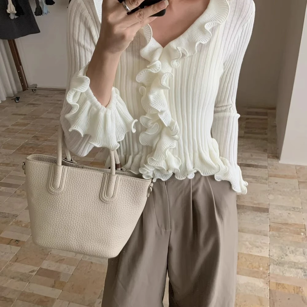 韩版甜美纯欲木耳花边修身针织衫2025秋季新款上衣收腰V领毛衣