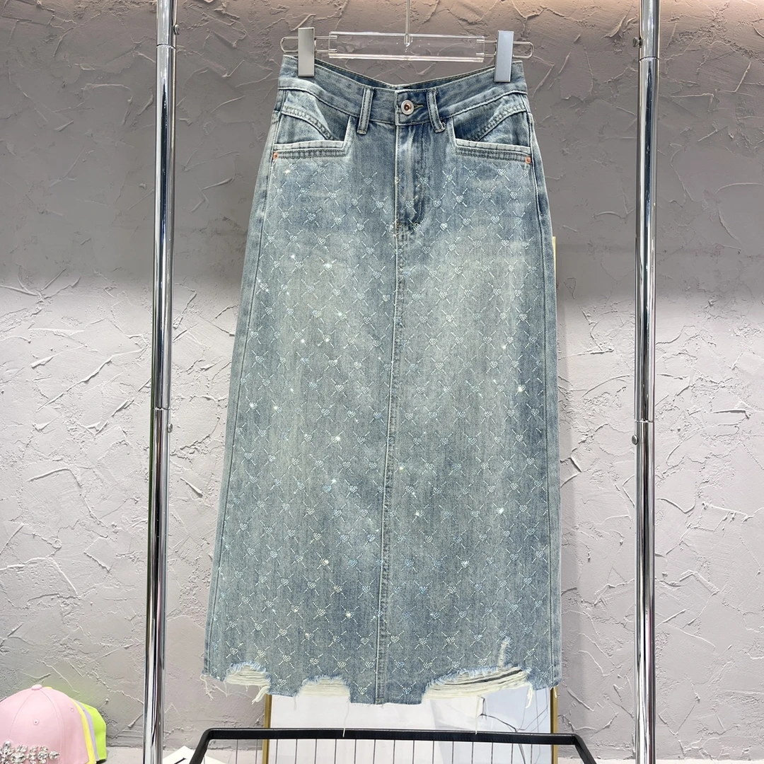 满钻牛仔长裙女后开叉夏季新款中长款薄款高腰百搭半身裙9629