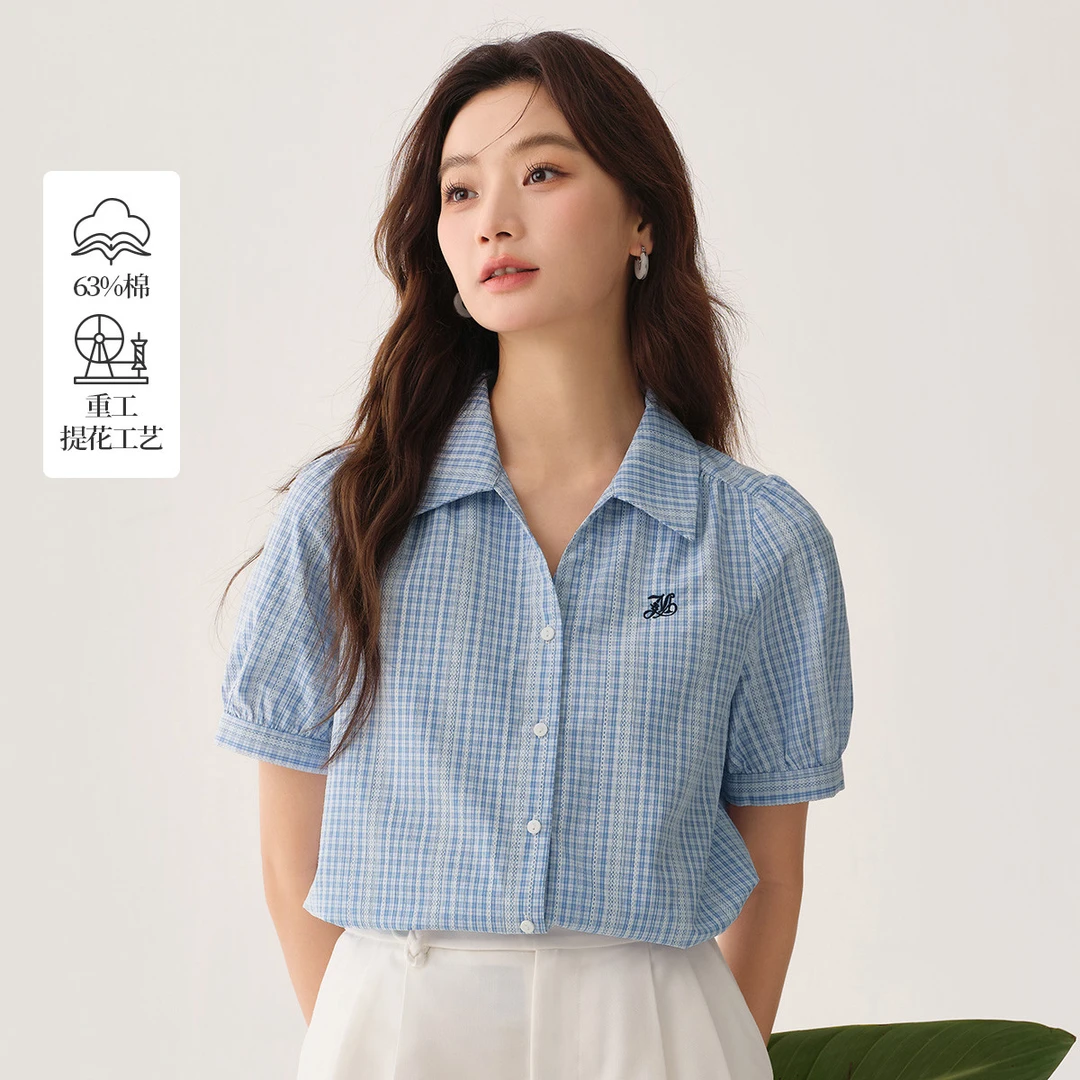 茵曼2025夏季新款女衬衫衬衣短袖条纹气质宽松风泡泡袖显瘦休闲