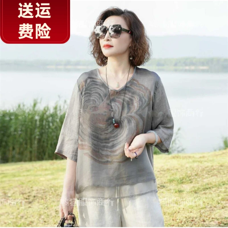 阔太太时髦夏季新款苎麻恤文艺花朵印花五分袖上衣宽松复古仿棉麻