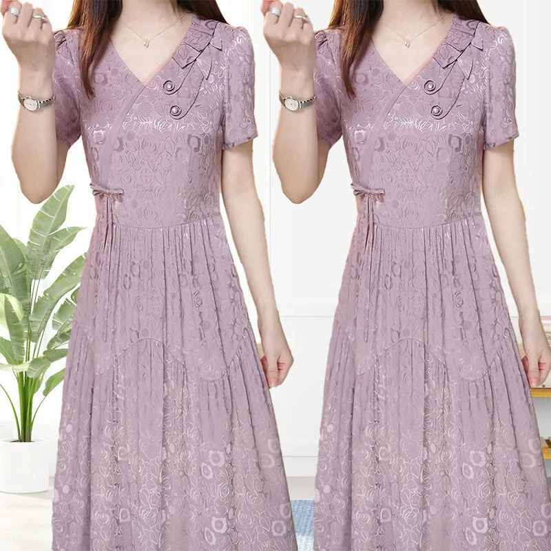 妈妈新中式气质连衣裙2024夏季新款中老年女装时尚母亲节短袖裙子