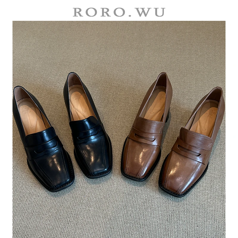 娆娆吴·水洗牛皮简约复古高跟乐福鞋方头百搭日常气质单鞋A127