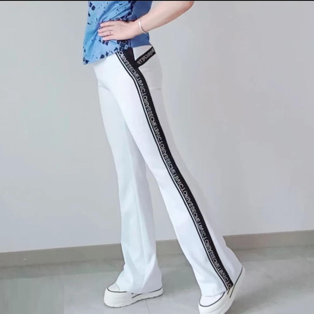 2025正品新款潮流同款佳木斯健身操白色镶钻微喇修身时尚显瘦长裤