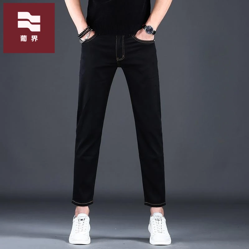 秋季新款高档黑色牛仔裤男款青年弹力修身小脚九分裤商务休闲百搭