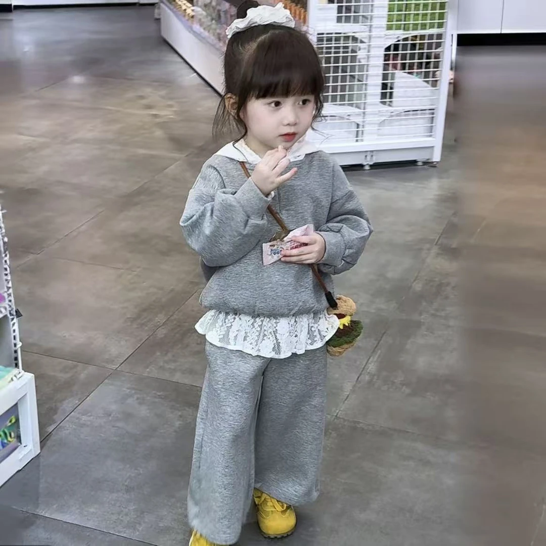 洋气卫衣时髦春秋套装运动风女套头女童常规秋冬蕾丝