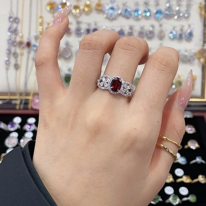 戒指石榴石银S925镶嵌