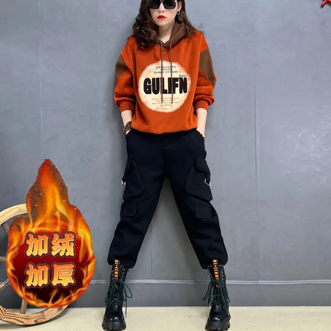 春秋冬季加绒加厚宽松休闲新款时尚连帽拼色长袖卫衣加绒休闲裤