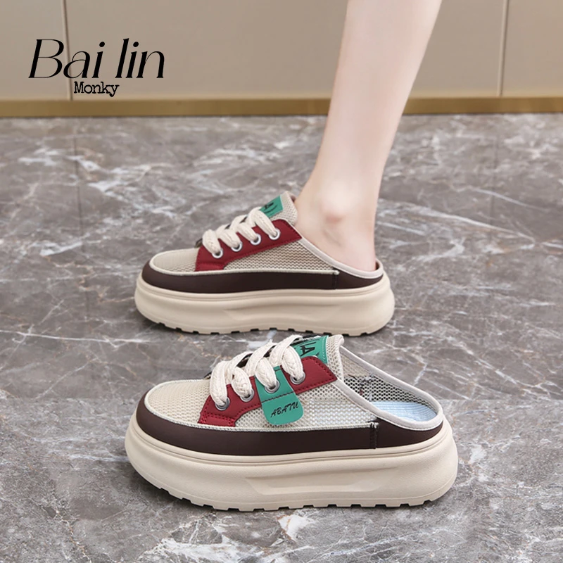 百林猴2025春夏新品网面新款半拖女轻便板鞋厚底时尚百搭女镂空