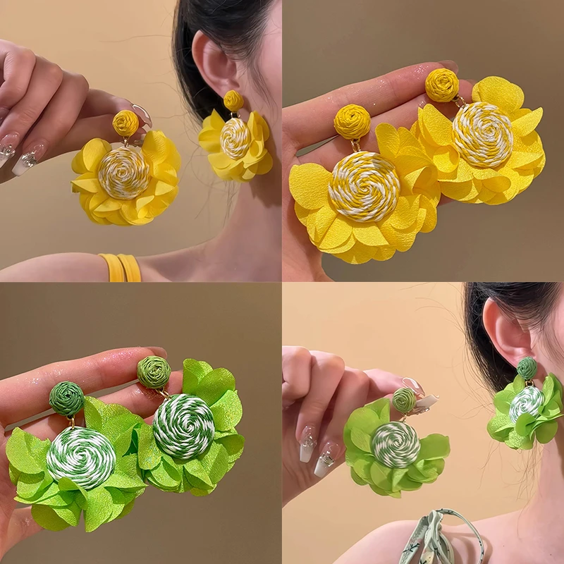 海浪呢喃~夏季黄色花朵耳环新款耳钉度假高级感夸张海边耳饰6217