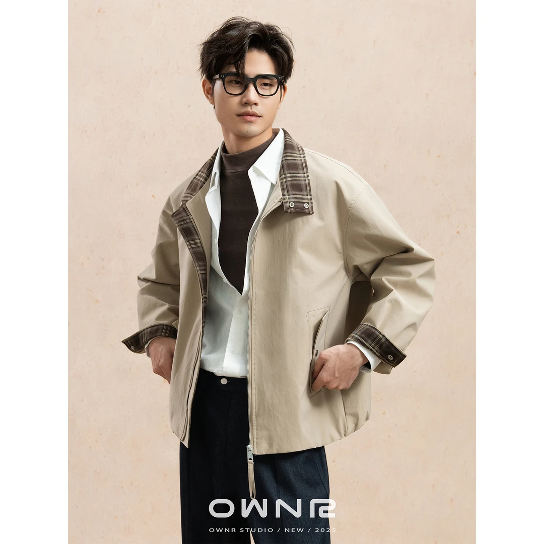 OWNR 卡其色格纹拼接立领哈灵顿夹克男2025年秋老钱宽松工装外套