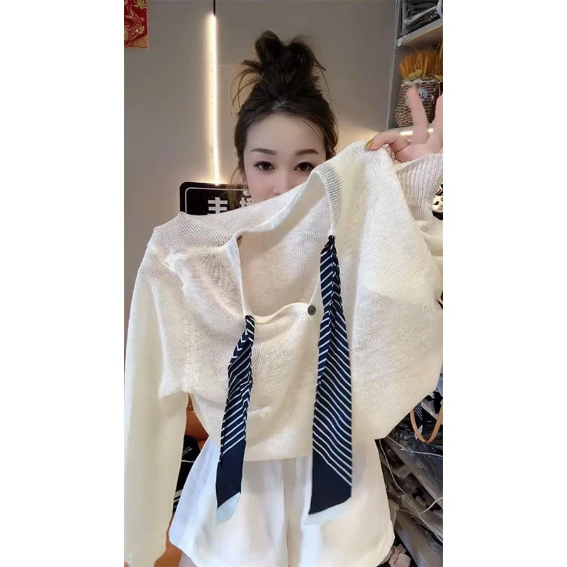 设计感洋气百搭上衣配丝巾领带毛针织开衫外套女休闲宽松显白罩衫