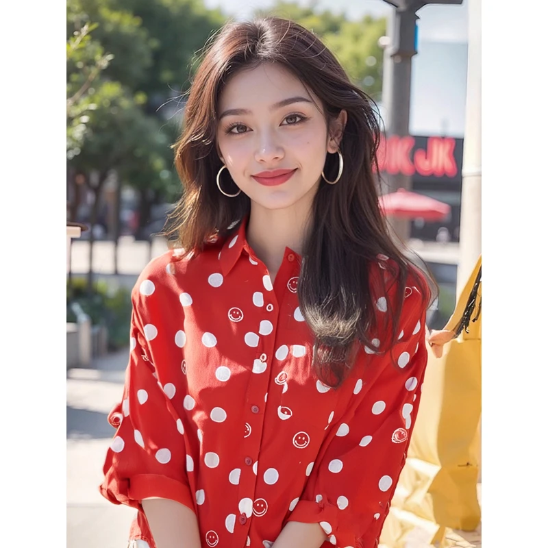 春7JI3426#夏新款美式潮牌宽松女波点摩登时尚中袖休闲衬秋