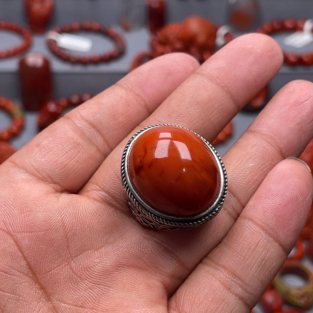 南红玛瑙银S925镶嵌珠宝奇石戒指