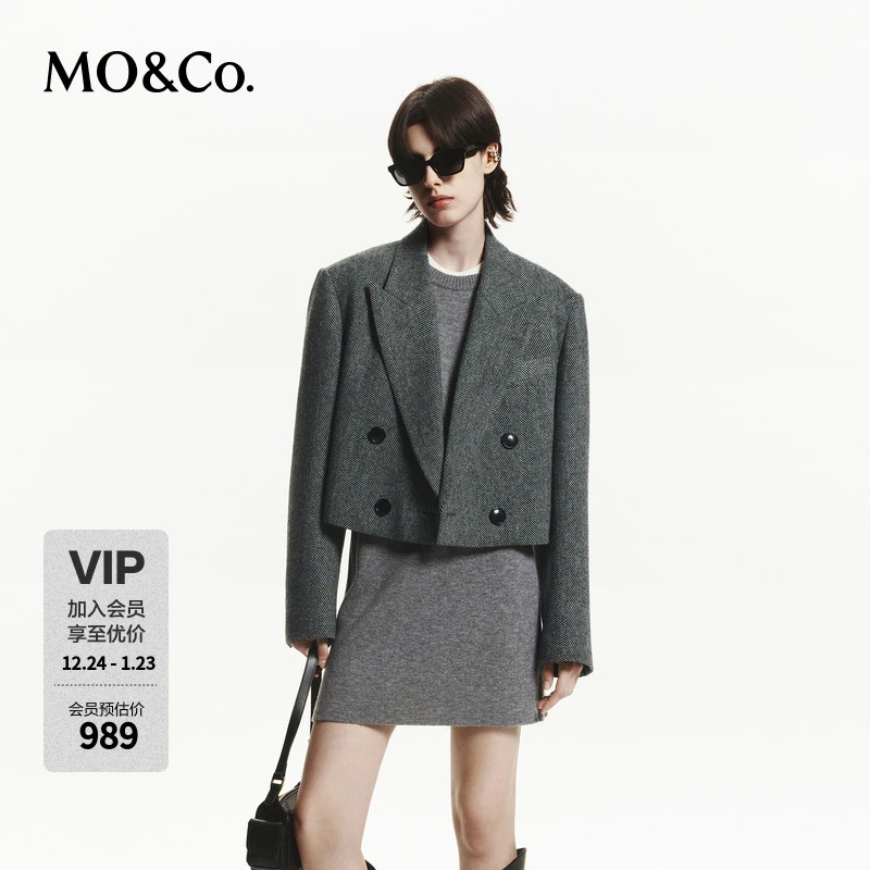 MOCO西装秋短款廓形垫肩戗驳领绵羊毛牦牛绒MBD3BLA010