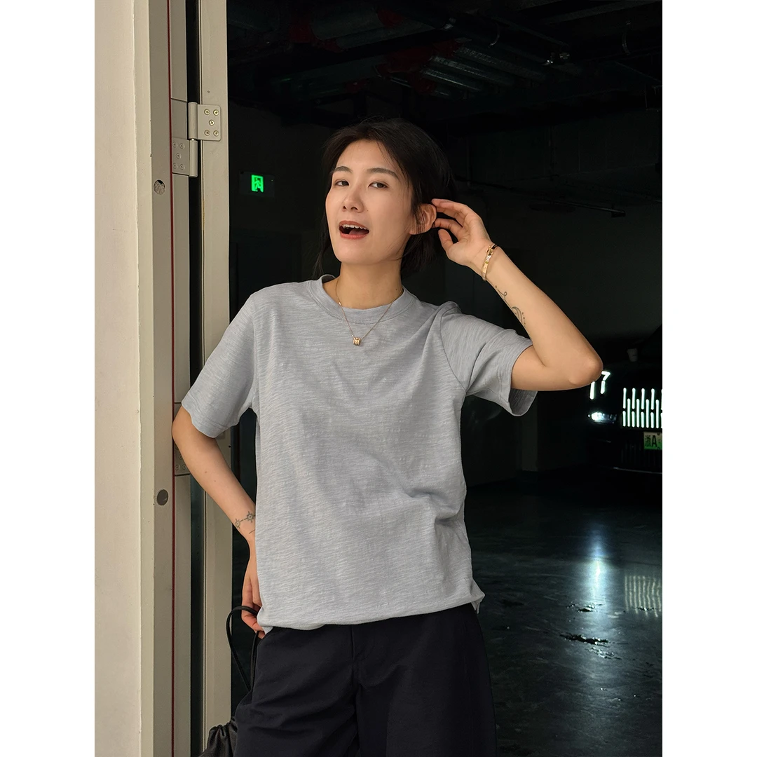 LANGQING 圆领宽松正肩纯棉舒适百搭双色T恤44945#