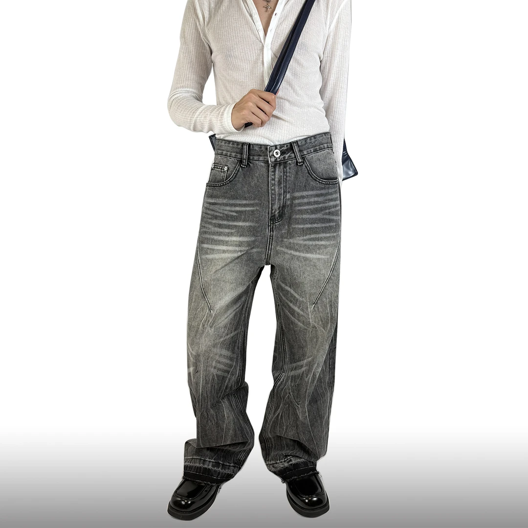 vintage美式复古毛边水洗灰色牛仔裤男设计感猫须宽松直筒长裤子