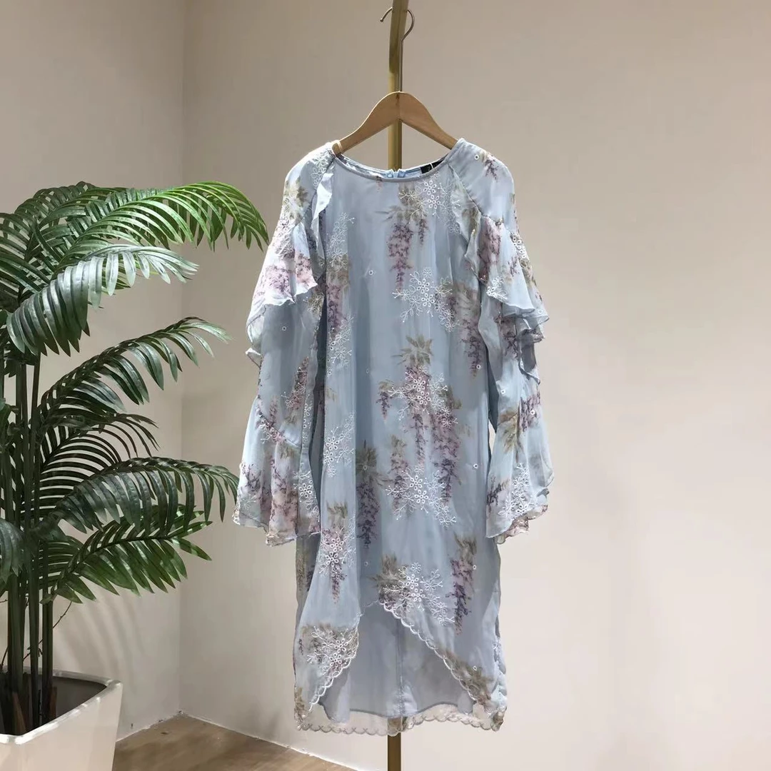 B4789小众设计法式温柔浪漫印花连衣裙荷叶边不规则度假风连衣裙