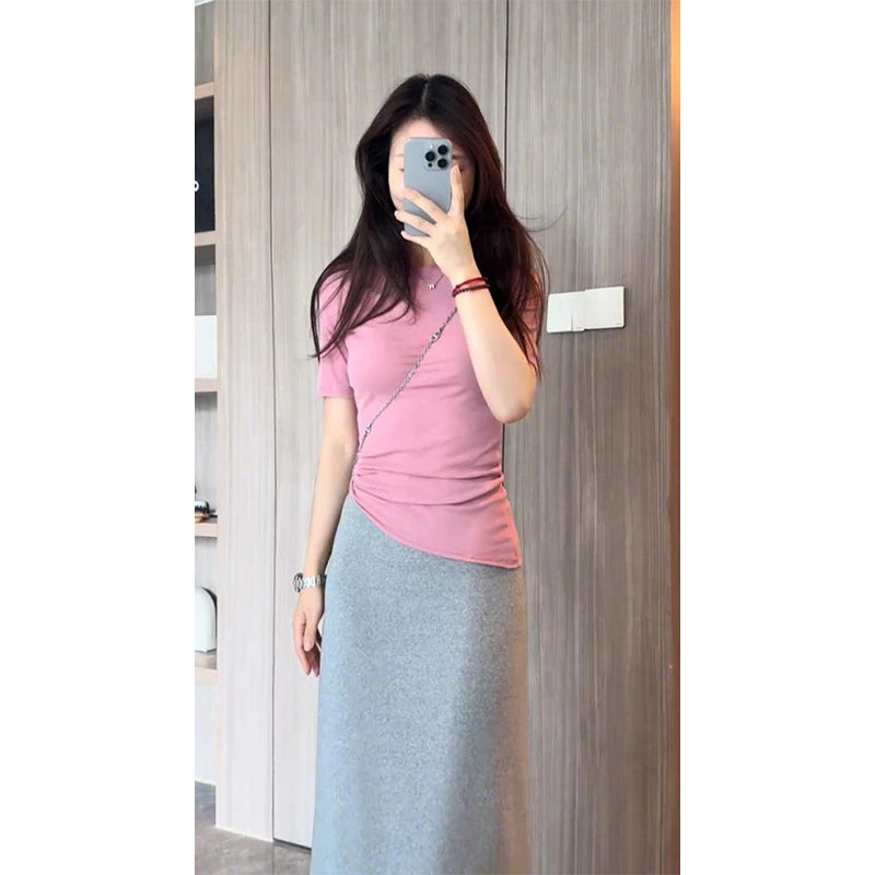 粉色圆领正肩冰丝亚麻针织短袖T恤女夏季小个子修身微透薄款上衣