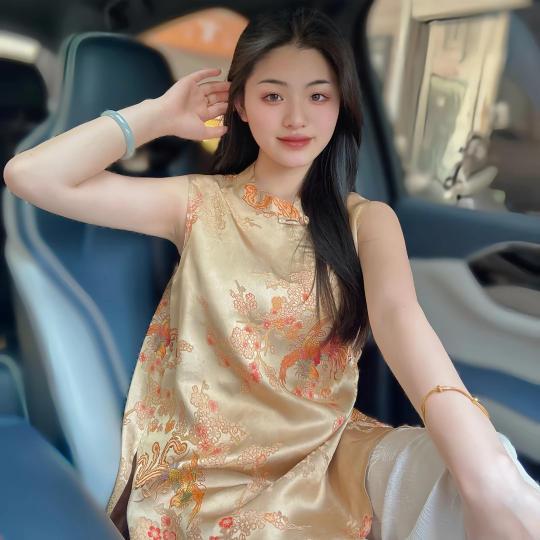 【双凤】新中式气质轻奢复古无袖上衣国风提花百搭显瘦时尚中长T恤