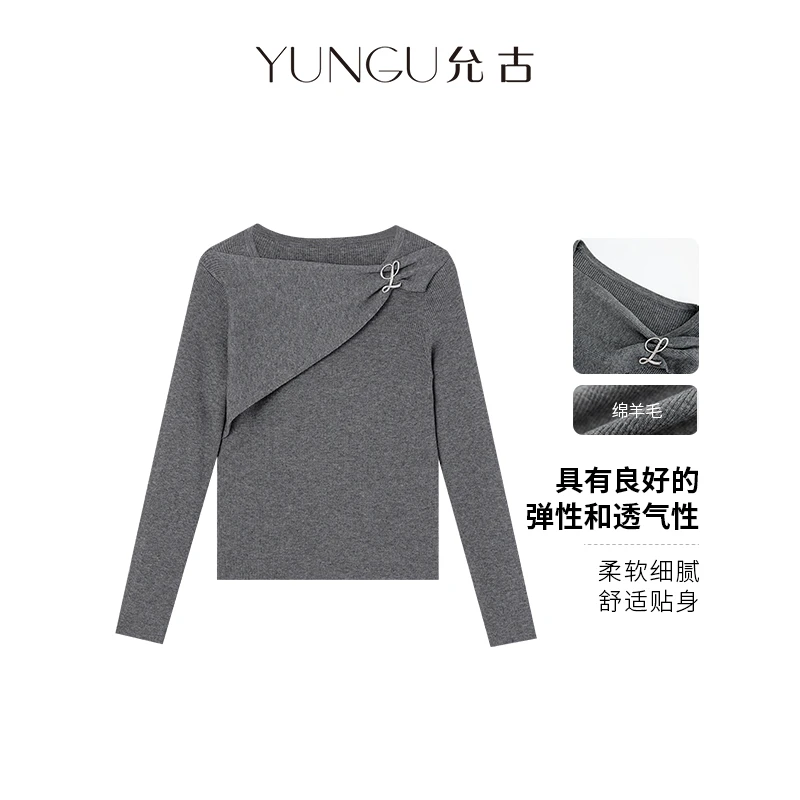 YUNGU允古【年终大促】斜领绵羊毛针织T恤不规则显瘦打底衫女