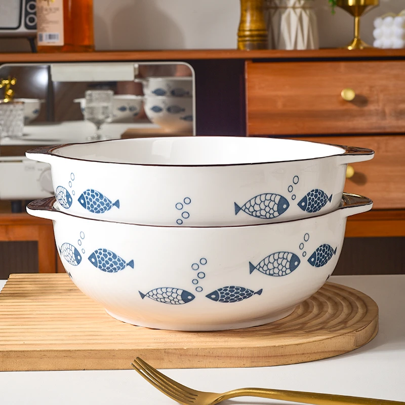 防烫双耳汤碗大号家用日式新款创意餐具陶瓷9英寸很多鱼1个装大碗