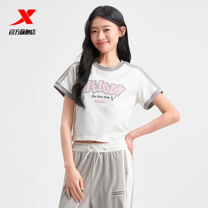 特步T恤女款2025年夏季新款休闲百搭半袖ins风短袖短款百搭款上衣