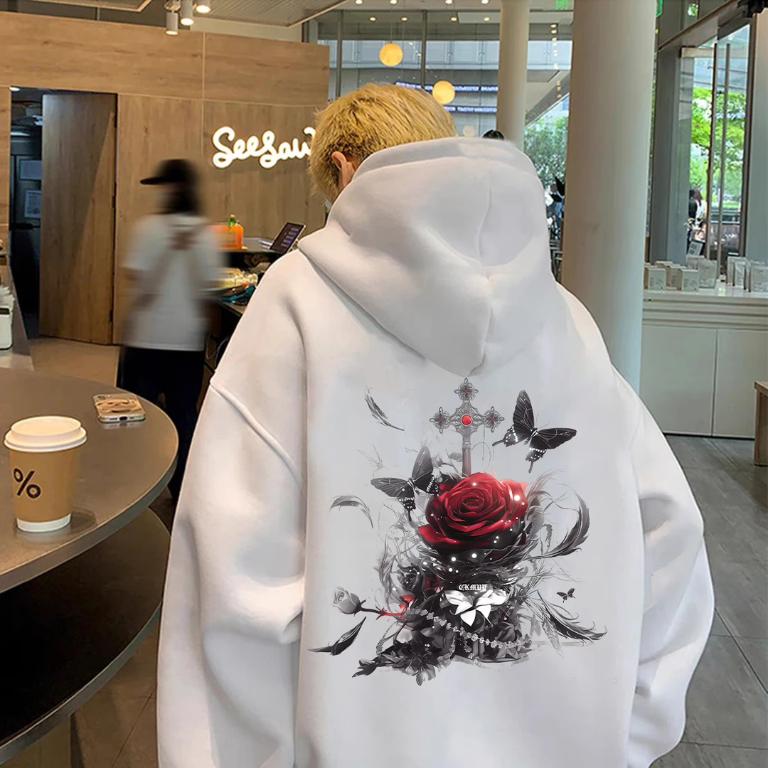 重磅加绒加厚连帽卫衣宽松双层帽潮酷玫瑰男女同款男装个性秋冬季