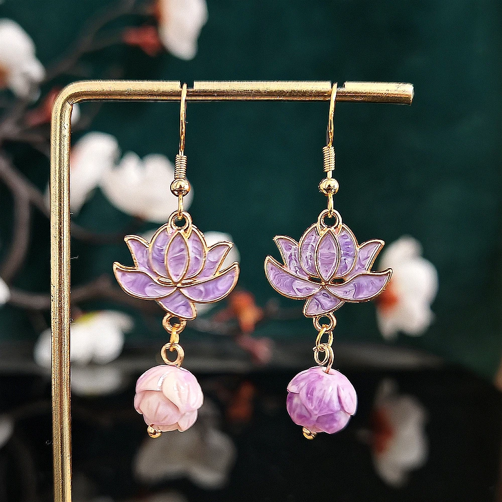 多吉米 合金耳饰 莲韵紫裳新中式耳环耳饰无耳洞耳夹配汉服旗袍