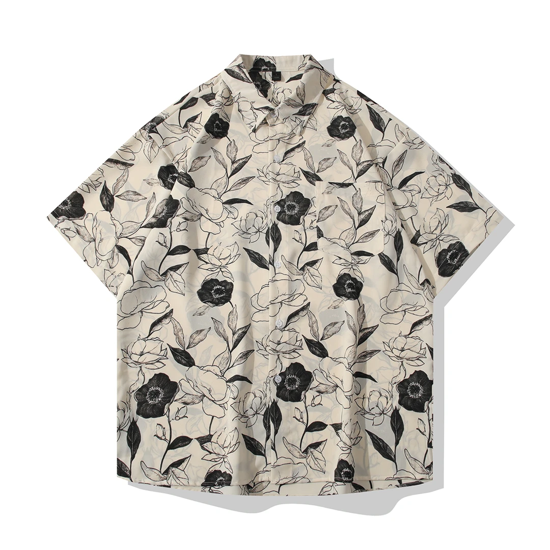 国风复古高级清新玫瑰花卉冰丝衬衫短袖男士冰感透气宽松衬衣男装