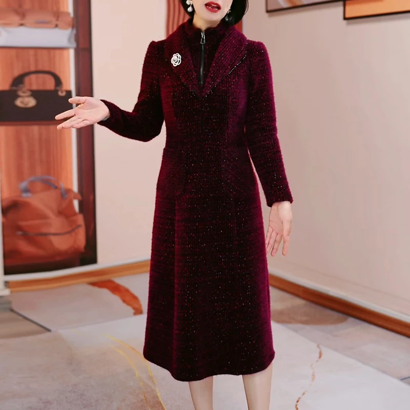 加厚保暖长袖优雅精致连衣裙女2025秋冬季新款修身显瘦中长款裙子