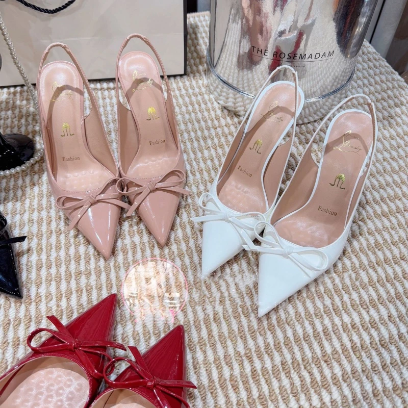 红底裸色高跟鞋女2025新款细跟蝴蝶结绝美尖头凉鞋一字扣后空夏季