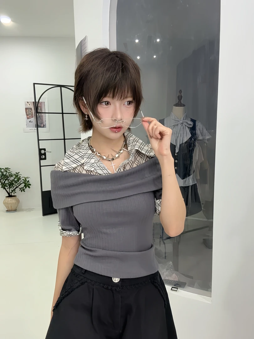 假两件网纱领口拼接针织棉衬衫上衣